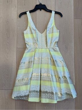 ABS Yellow and Gold Striped Fit-and-Flare Dress